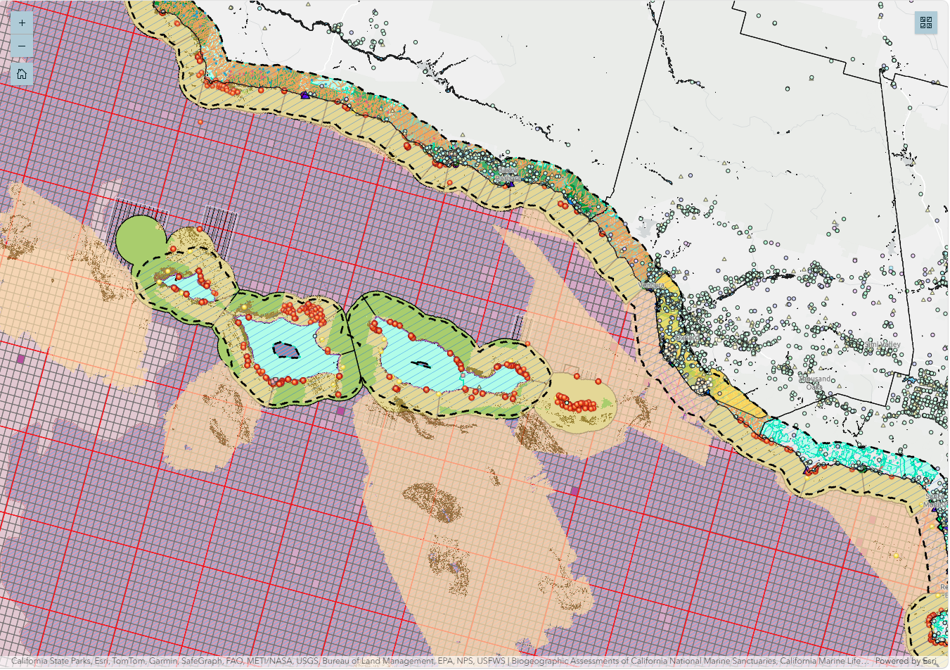 The SWQPA assessment tool showing the Channel Islands National Park area with marine protected area, habitat and water quality layers switched on.